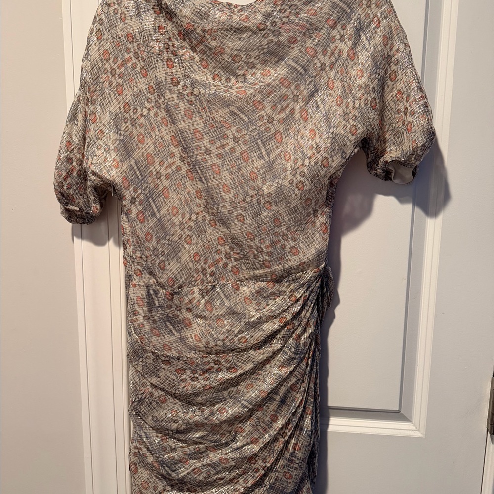 Ruched Short Sleeve Floral Midi Dress in Neutral Tones